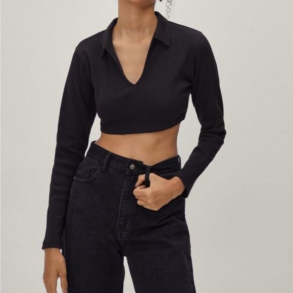 NASTY Gal Size‎ 6 Crop Collared Long Sleeve Ribbed Top - Picture 1 of 6